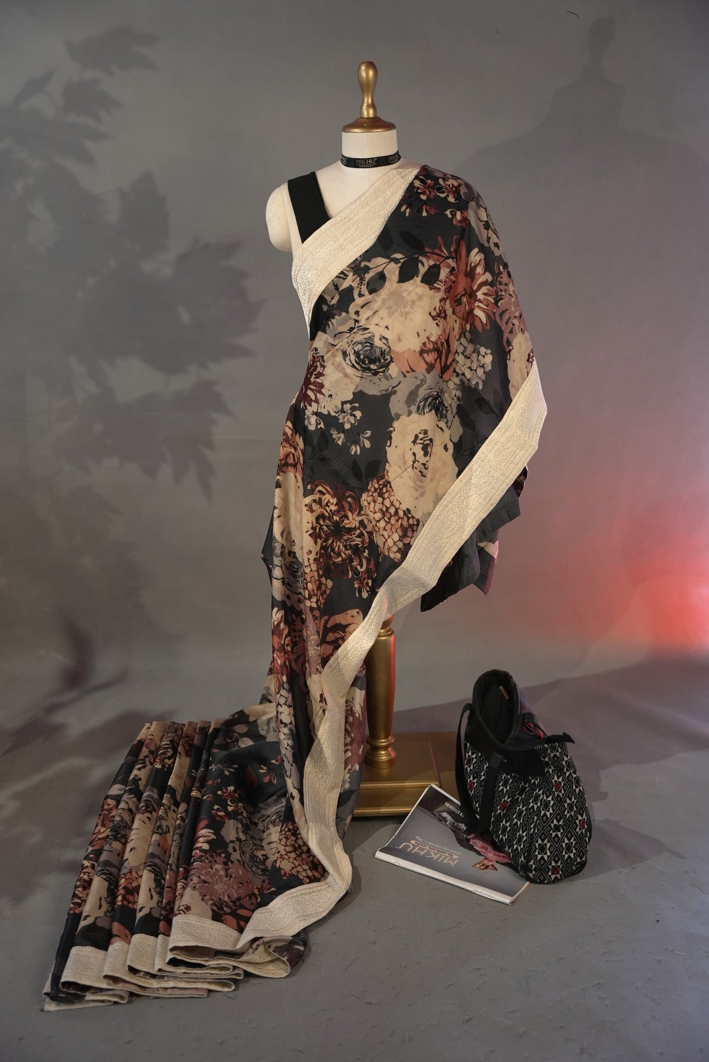 Black floral printed cotton saree DS005