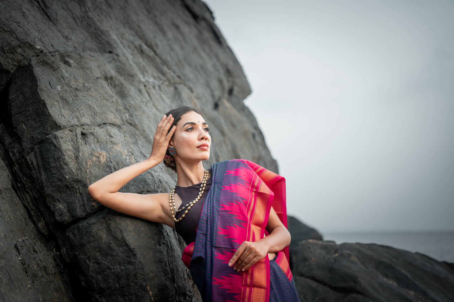 Blue ilkal saree with temple border