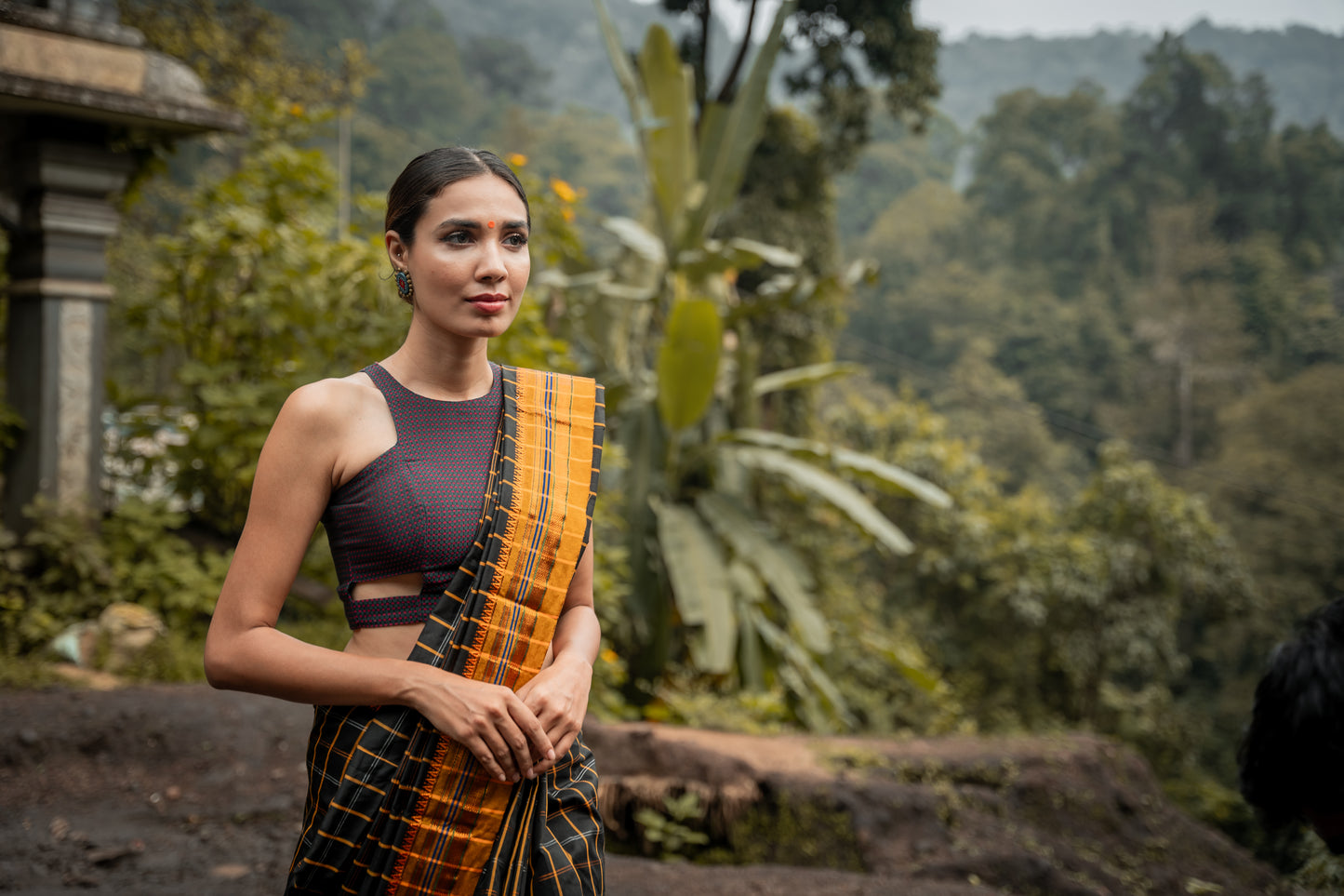 Black checks ilkal saree with yellow border