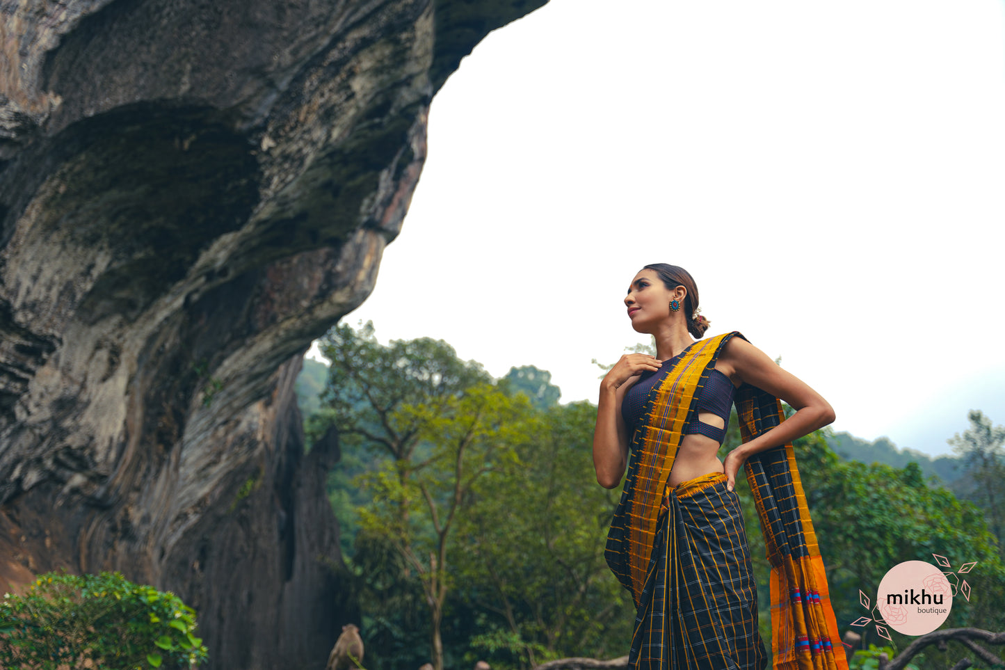 Black checks ilkal saree with yellow border