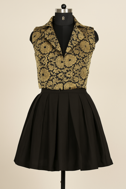 Brocade top & black mini skirt BS001