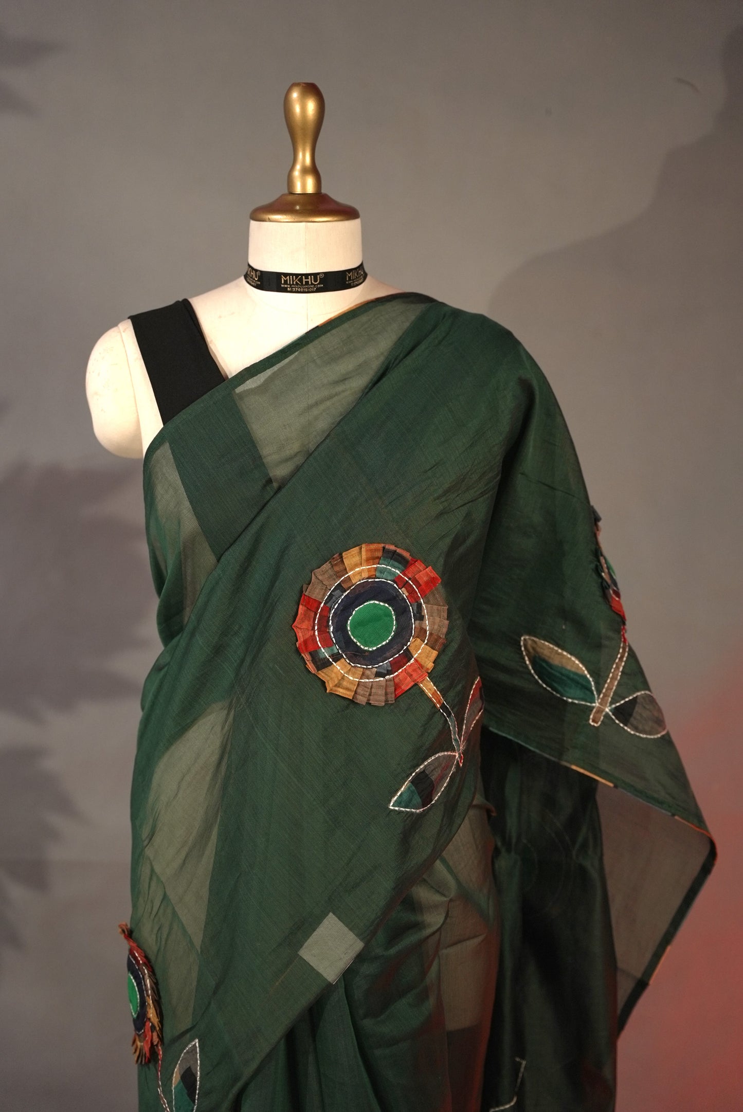 Bottle green applique work saree DS012