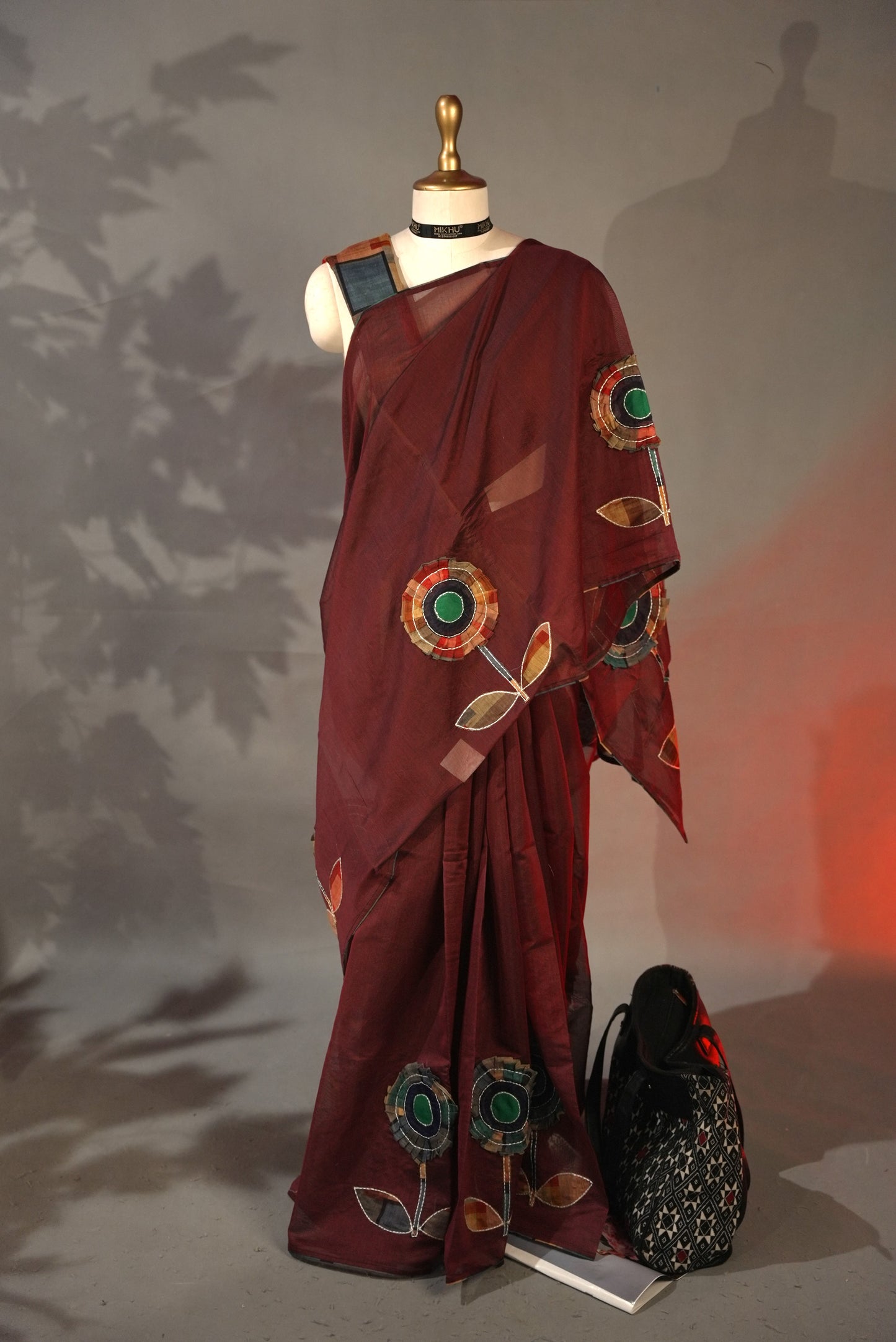 Maroon applique work cotton saree DS013