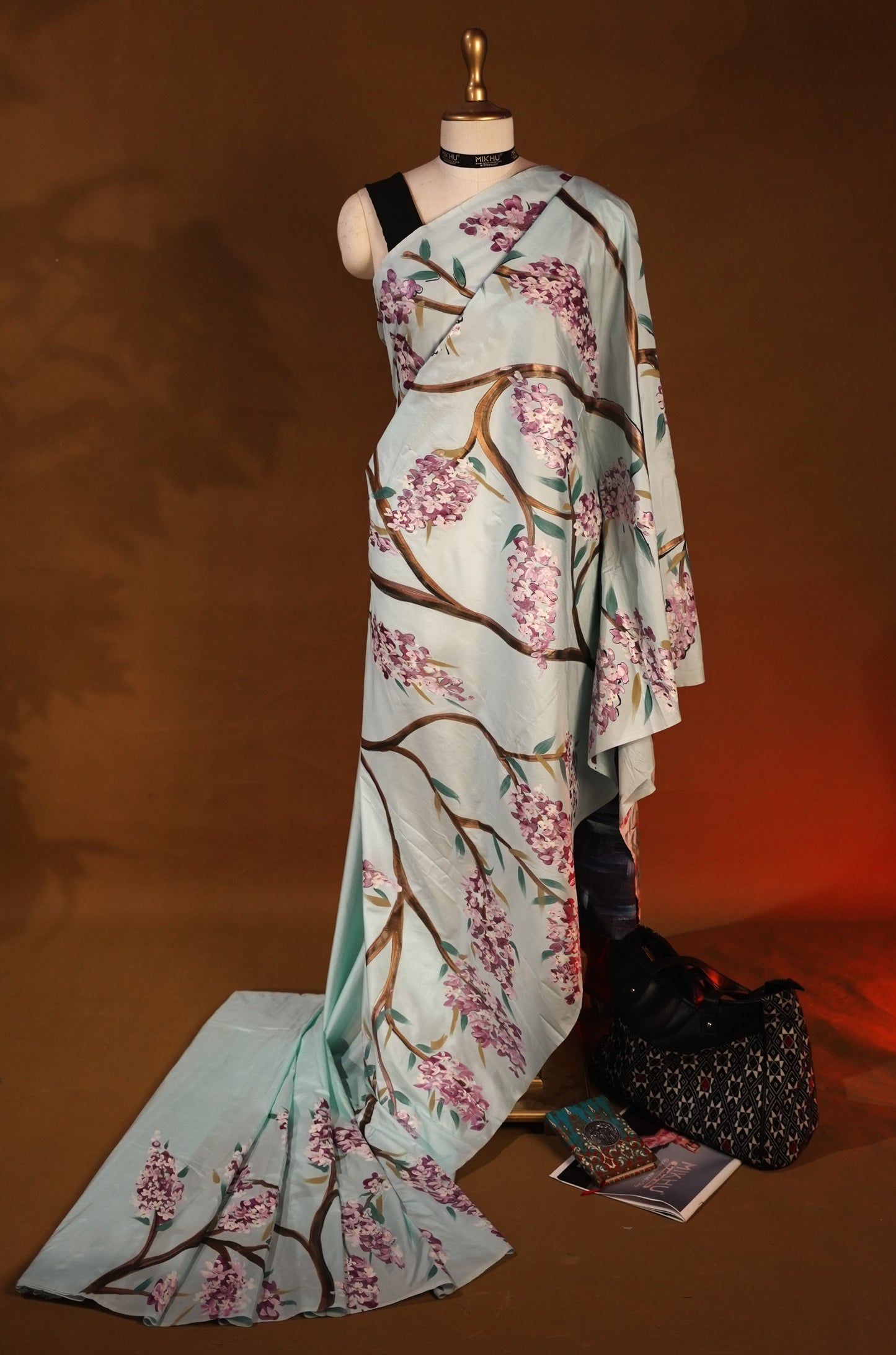 Cyan blue floral handpainted saree HP013
