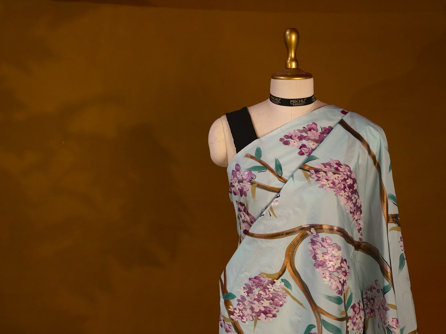 Cyan blue floral handpainted saree HP013