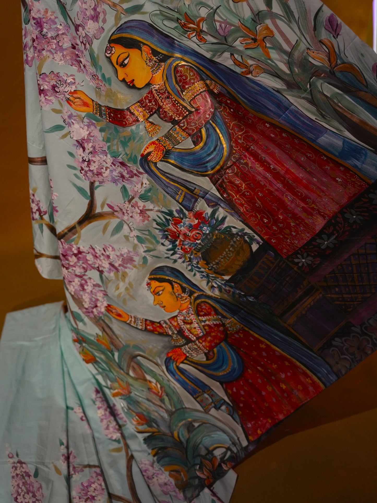 Cyan blue floral handpainted saree HP013