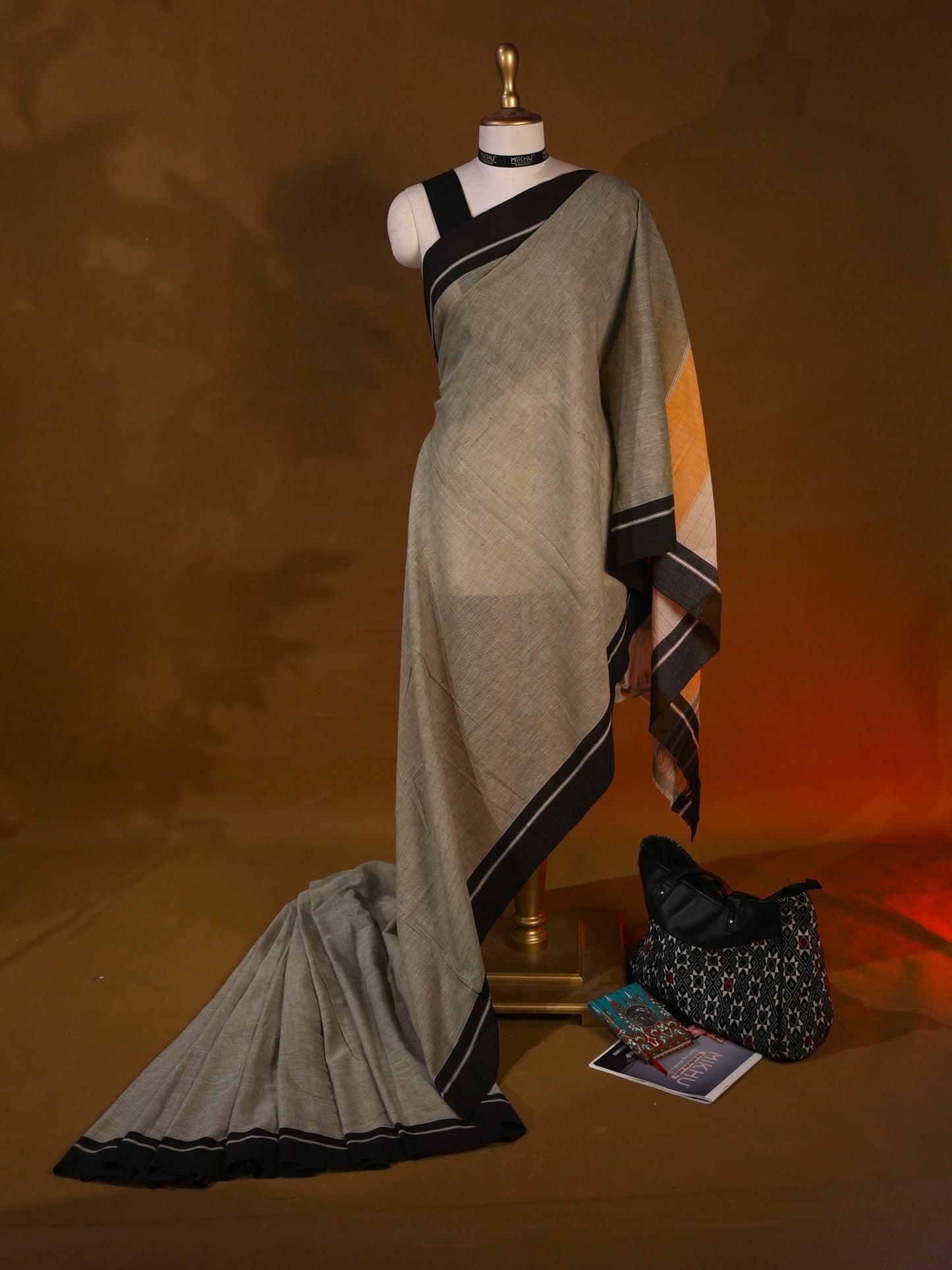 Grey cotton saree with black border CS005
