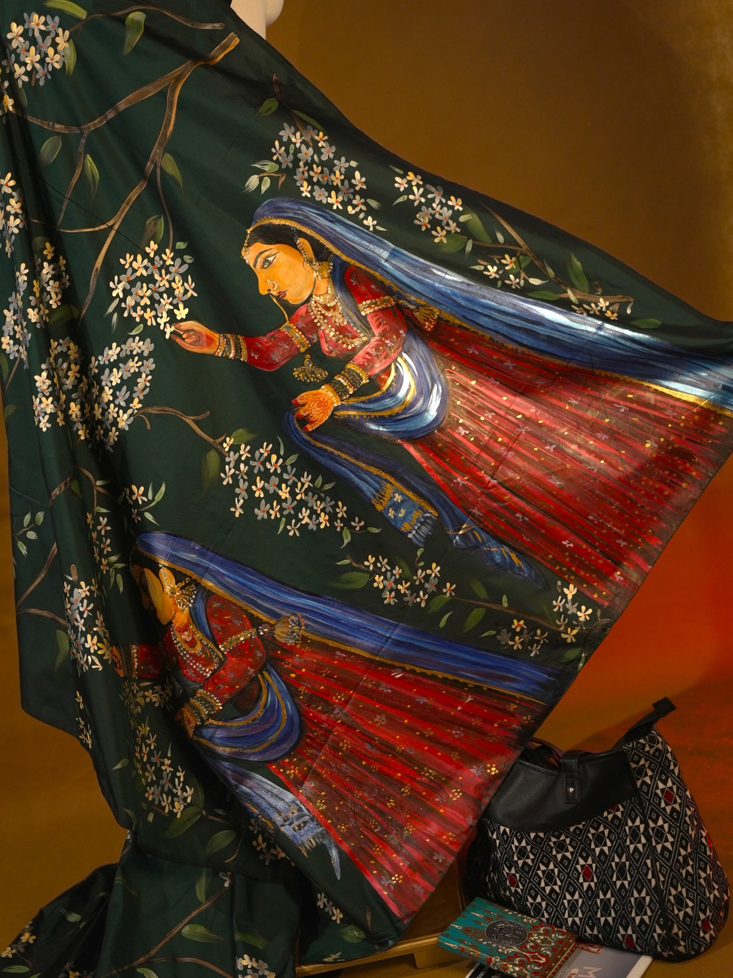Dark green handpainted saree HP011