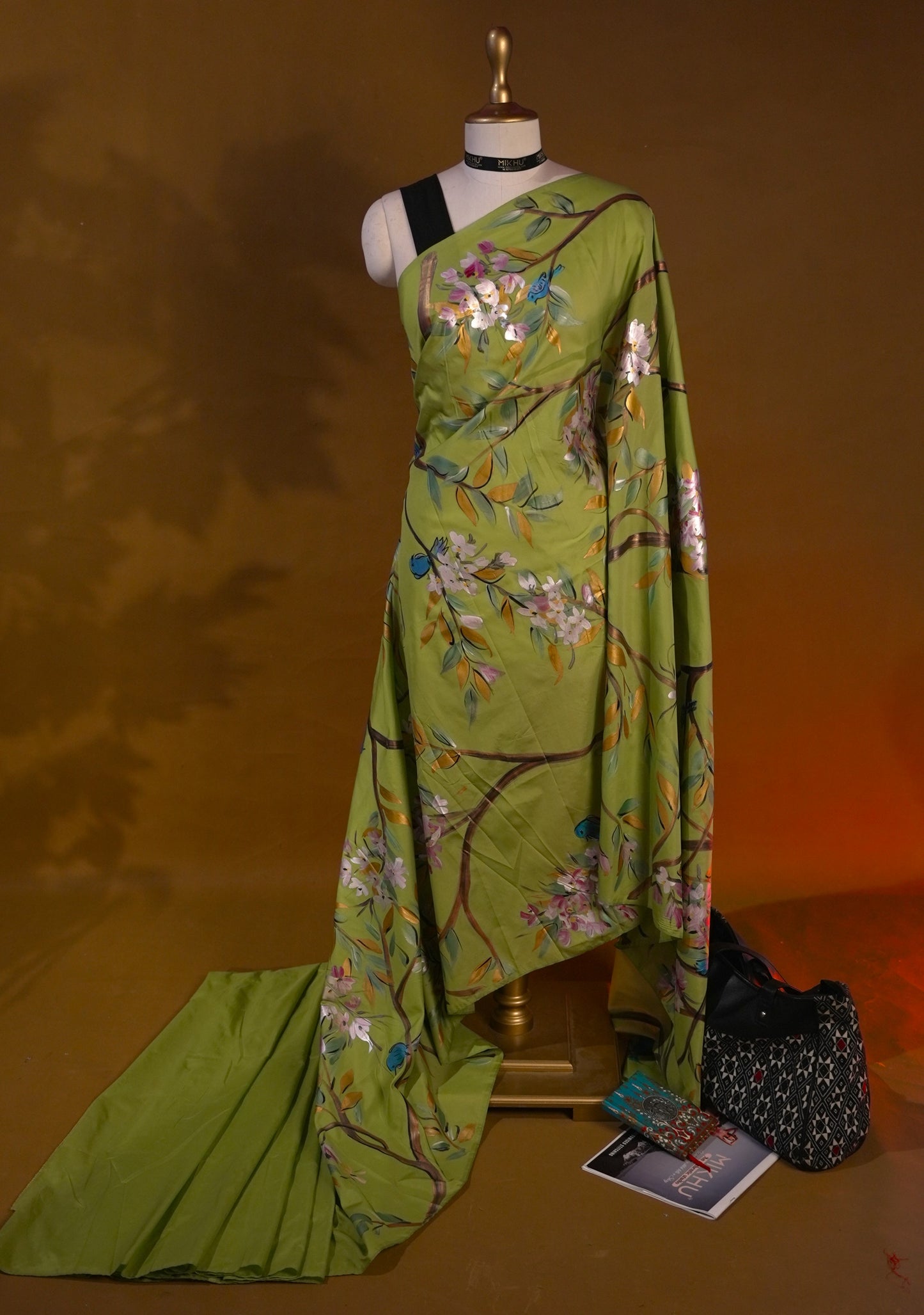 Green elegant handpainted saree HP009