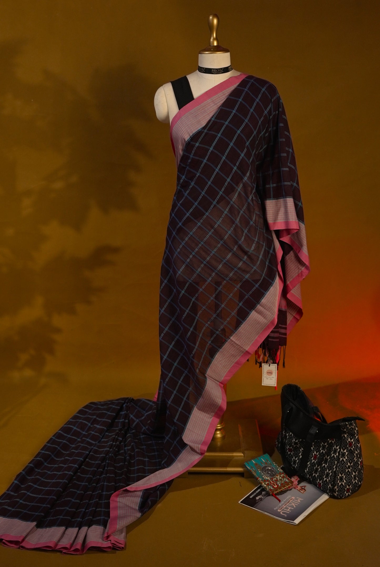 Purple with pink border checks cotton saree CS003