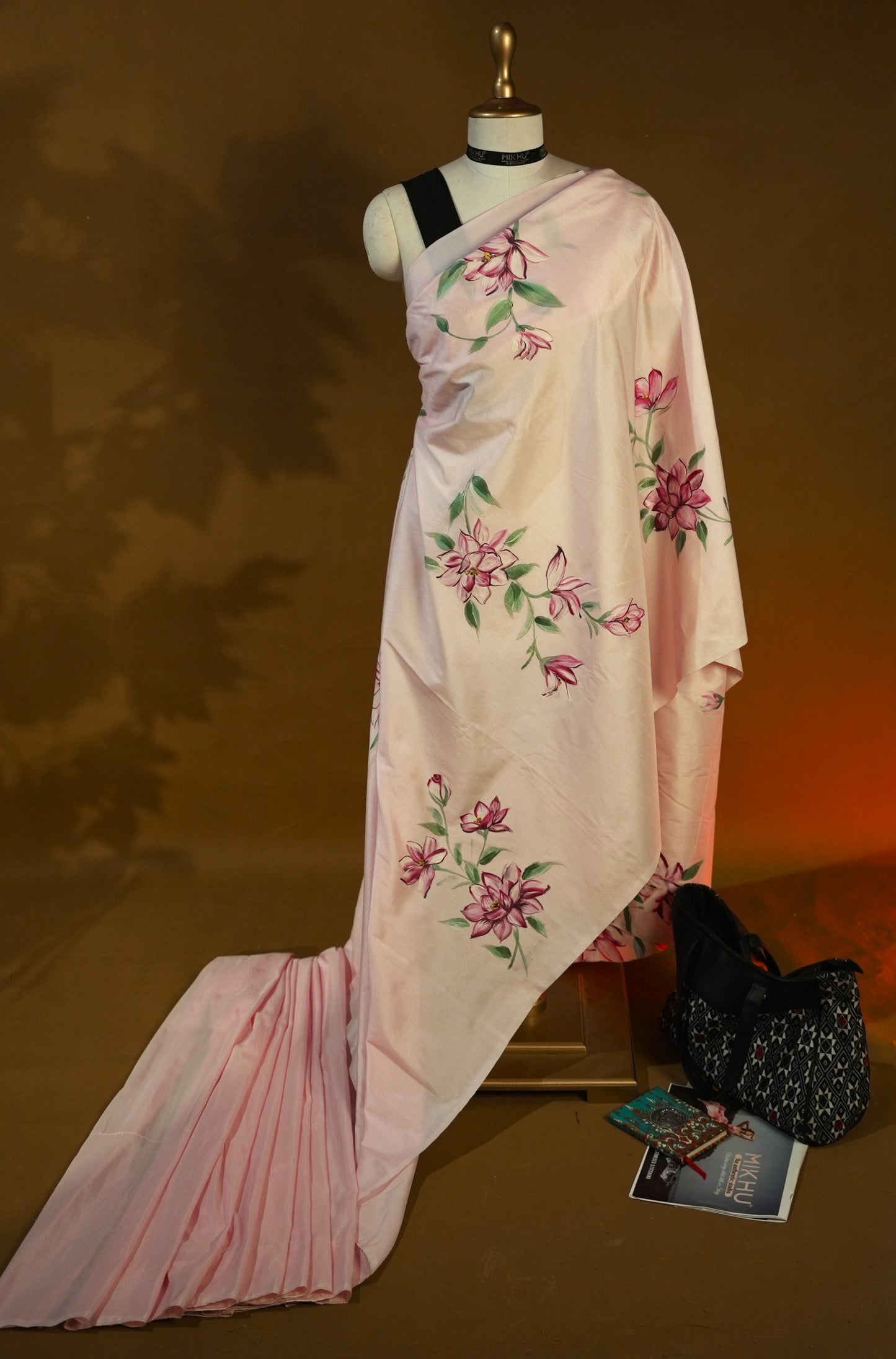 Pink floral handpainted saree HP008