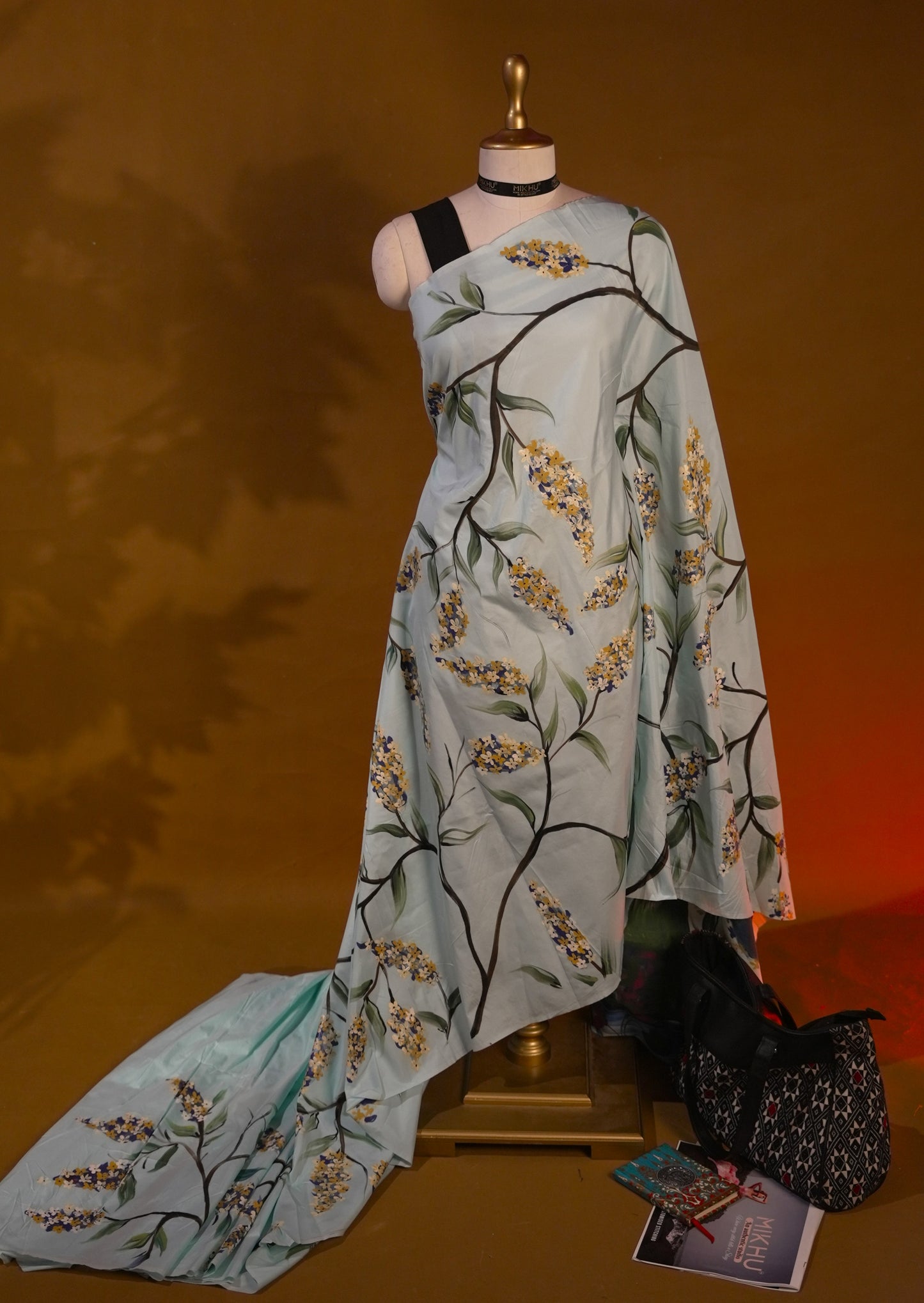 Pastel blue floral handpainted saree HP007