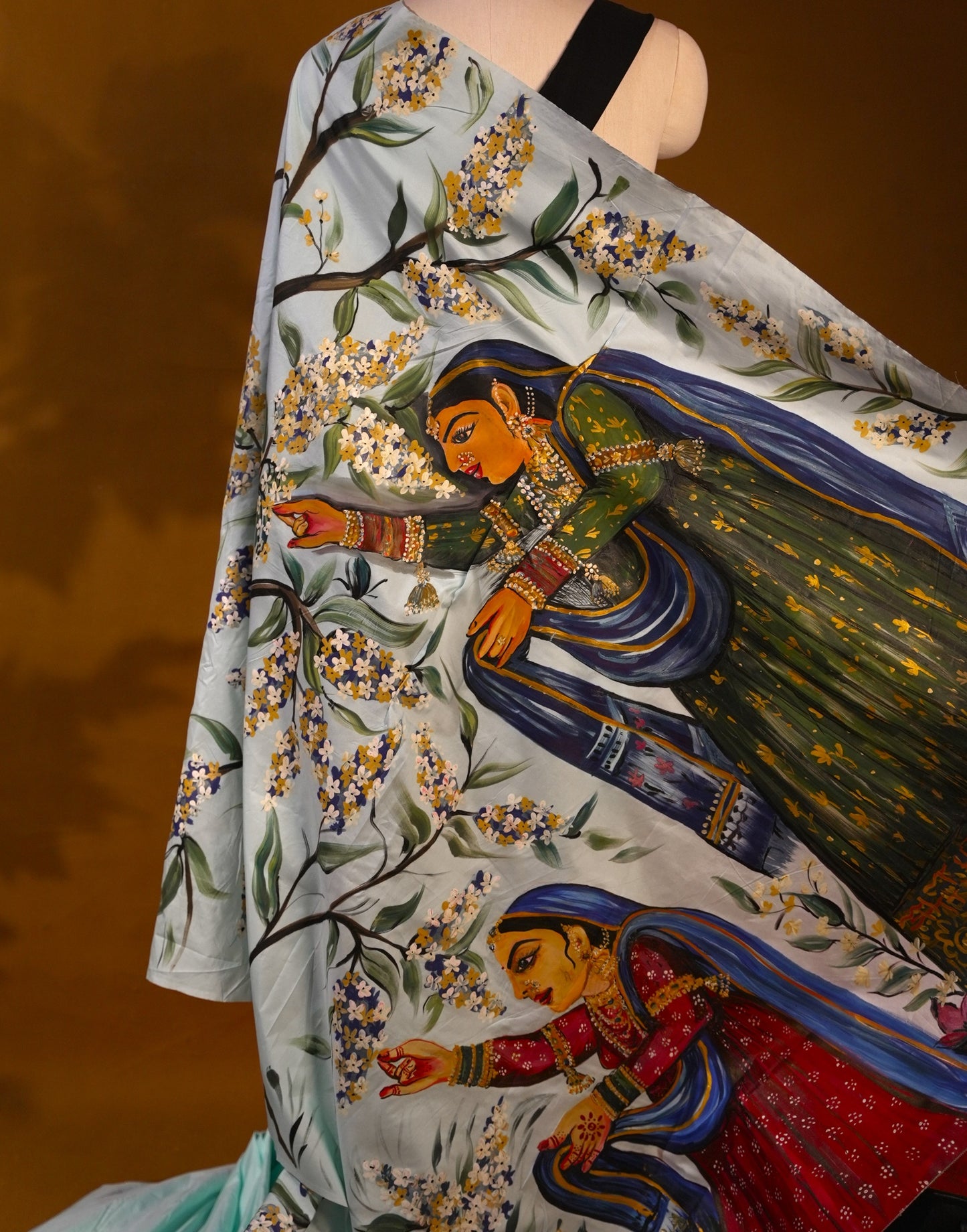 Pastel blue floral handpainted saree HP007