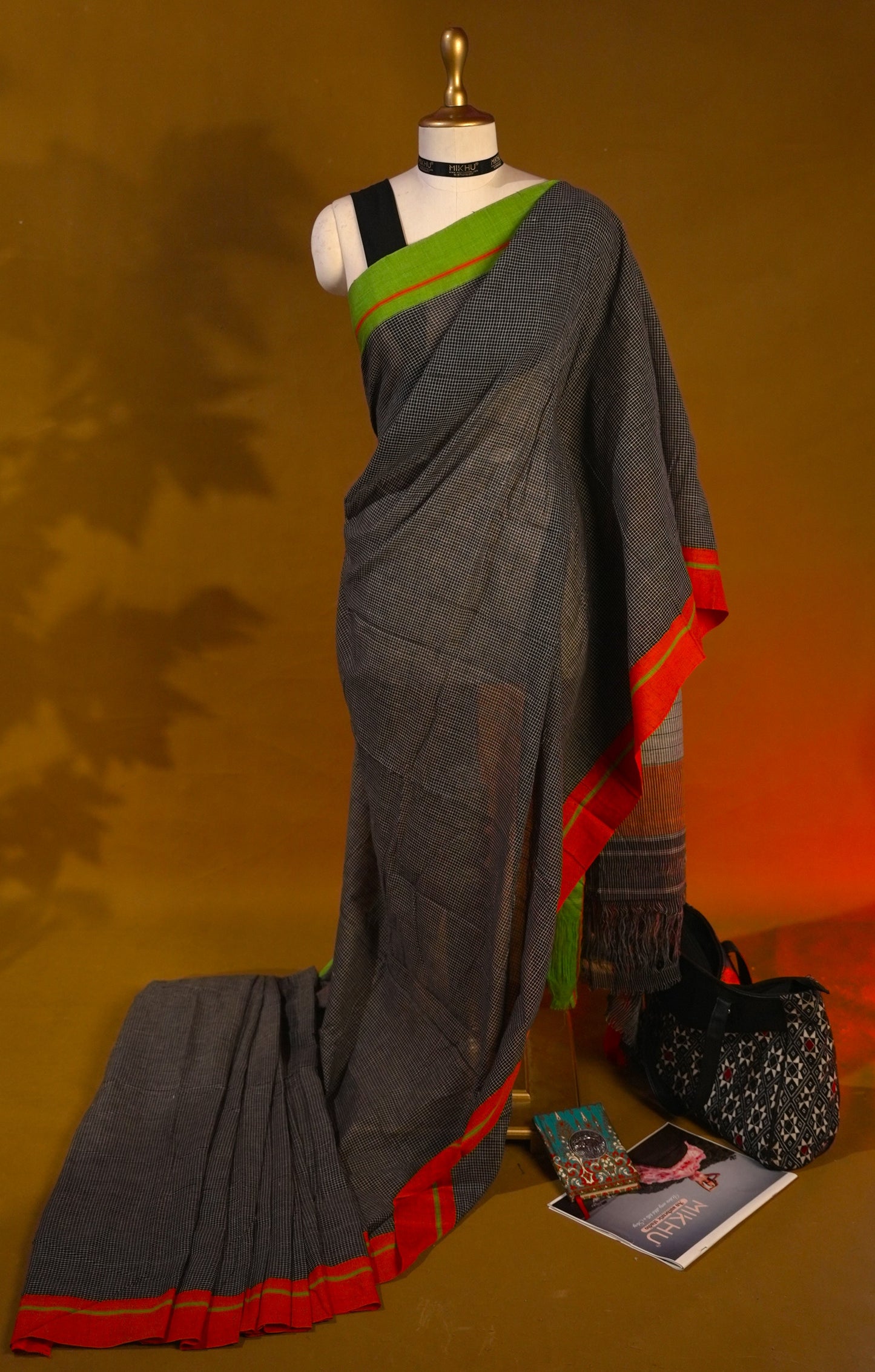 Black cotton saree with green border CS002