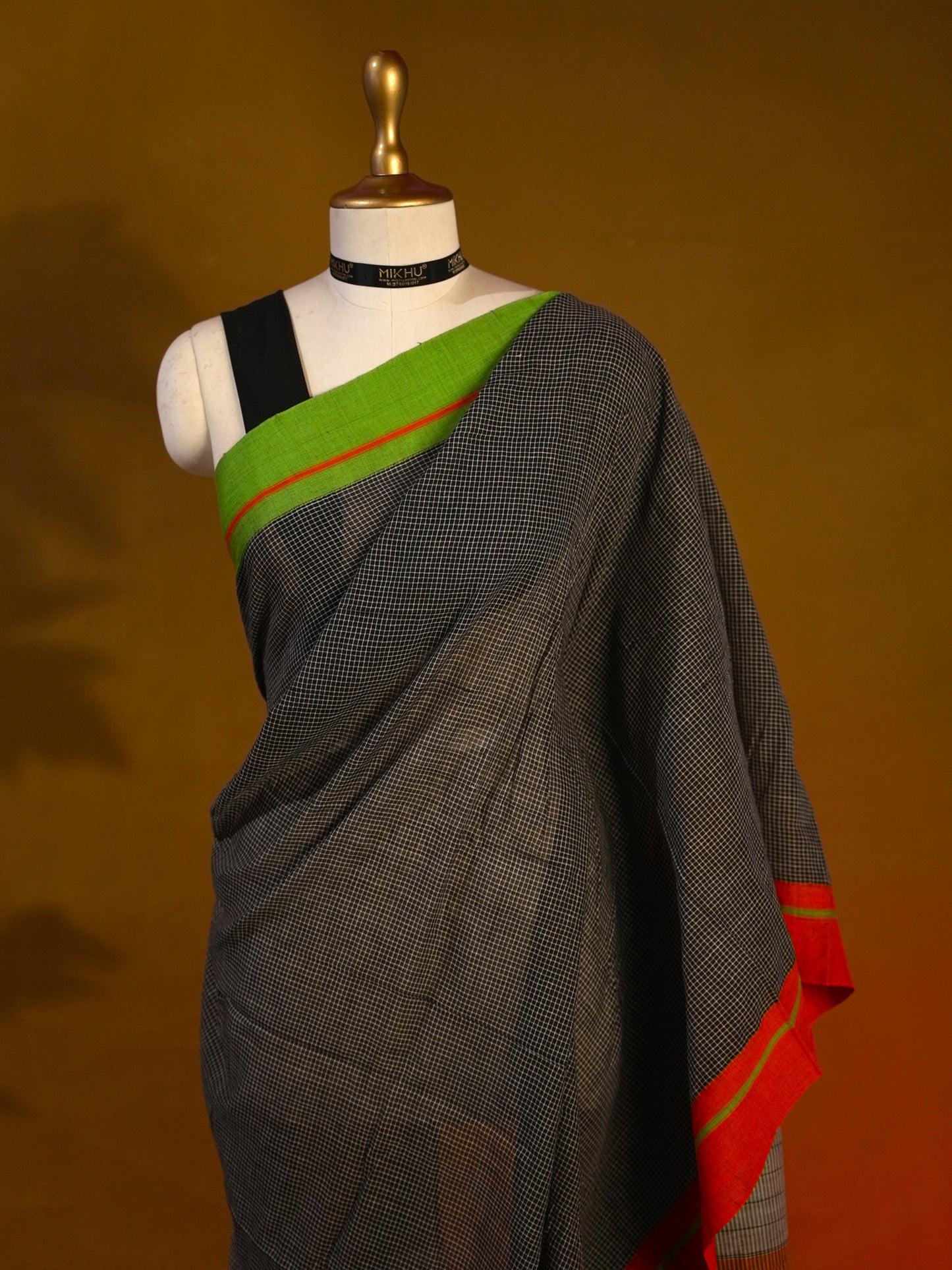 Black cotton saree with green border CS002