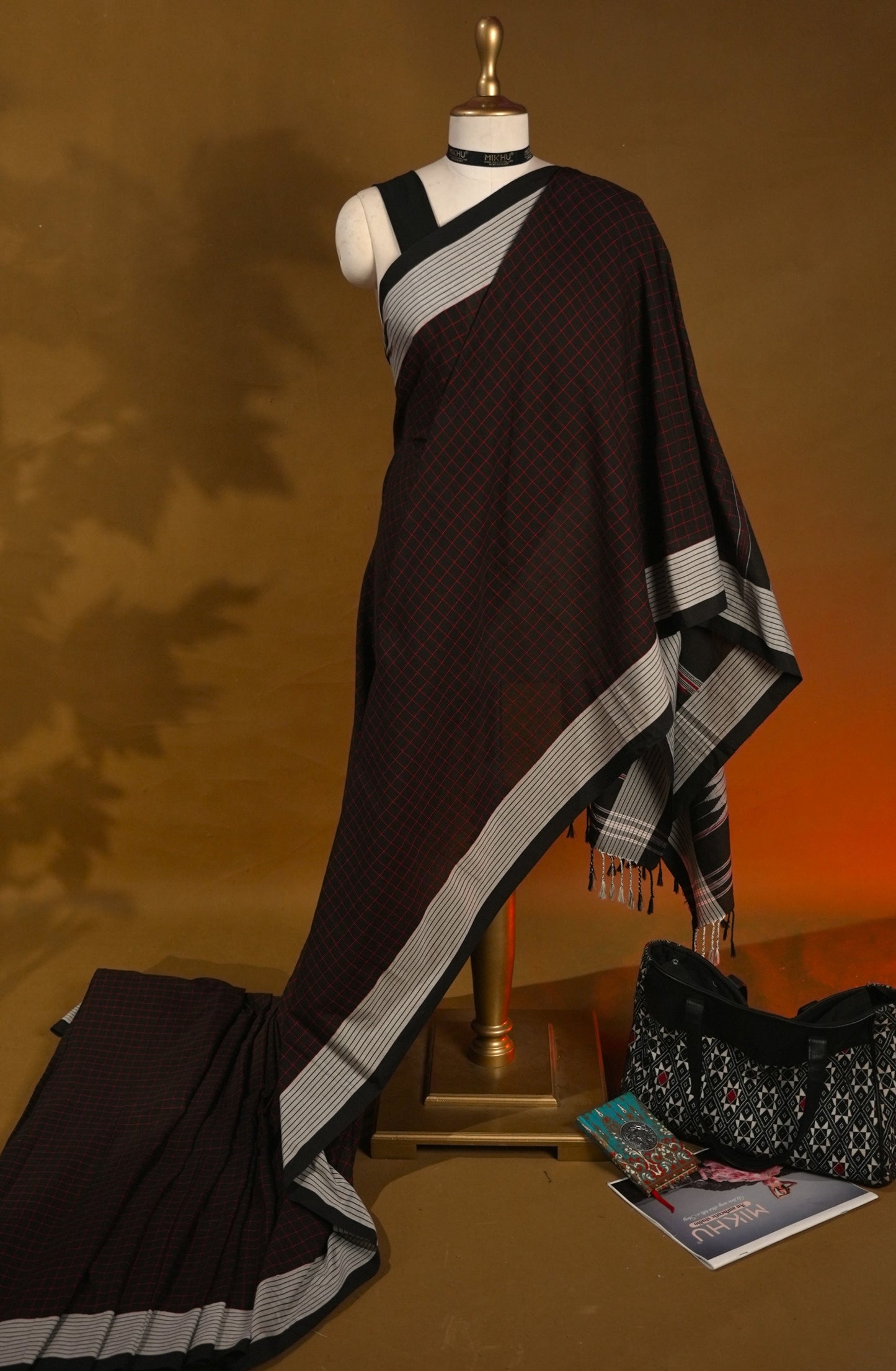 Black checks saree with grey border cotton saree CS001