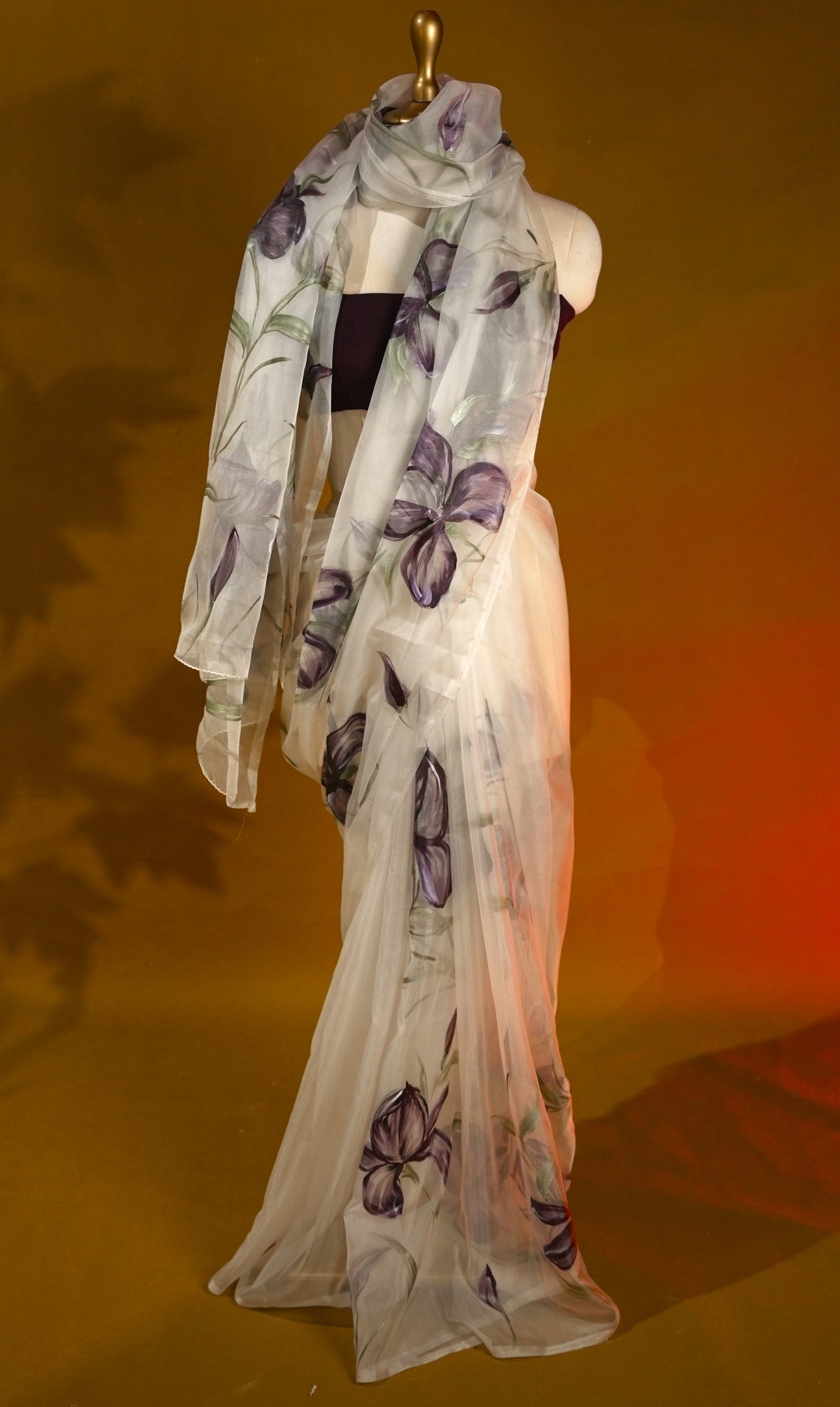 White organza Handpainted Designer Saree HP003