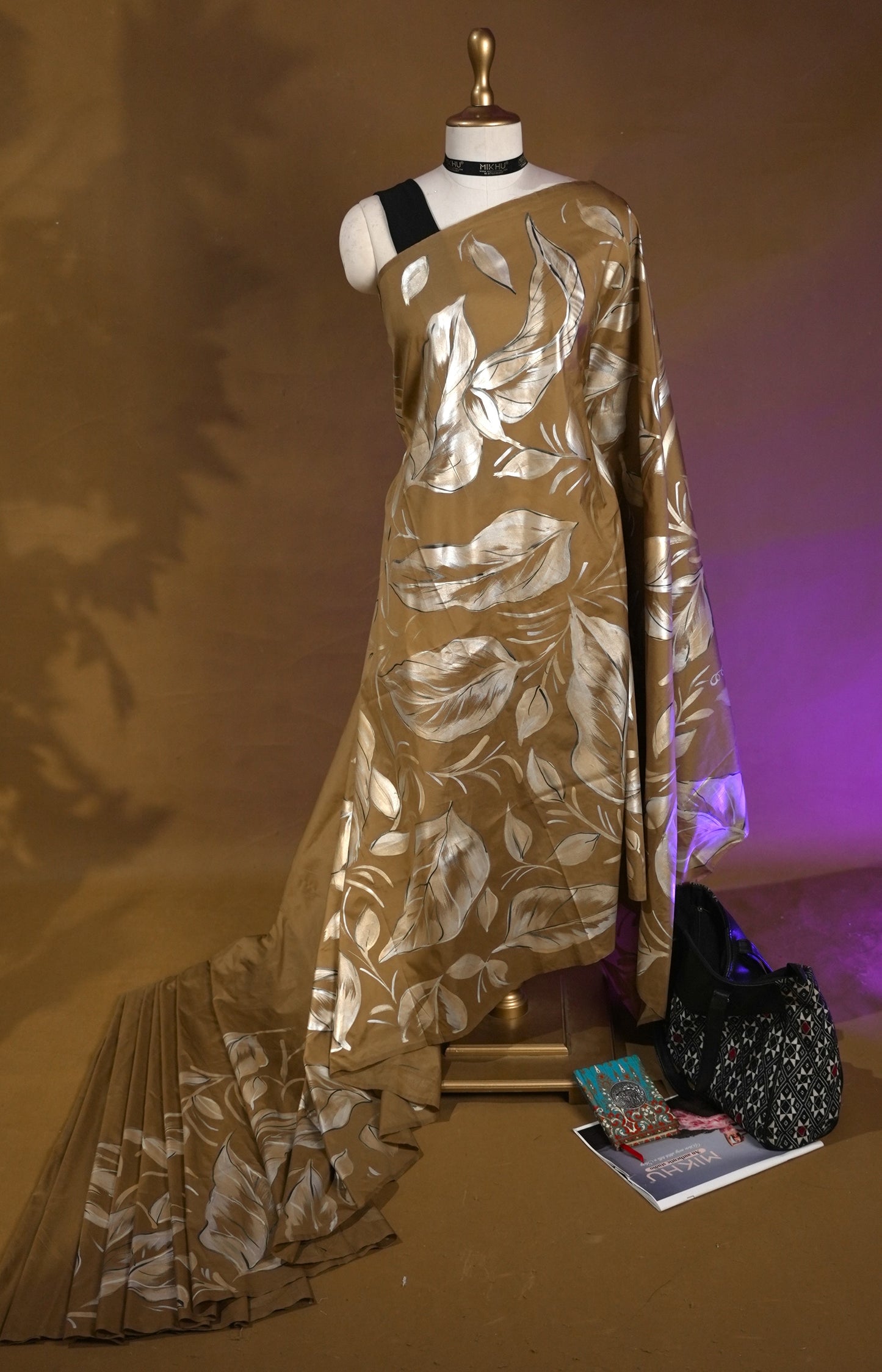Muted gold Handpainted Designer Saree HP001