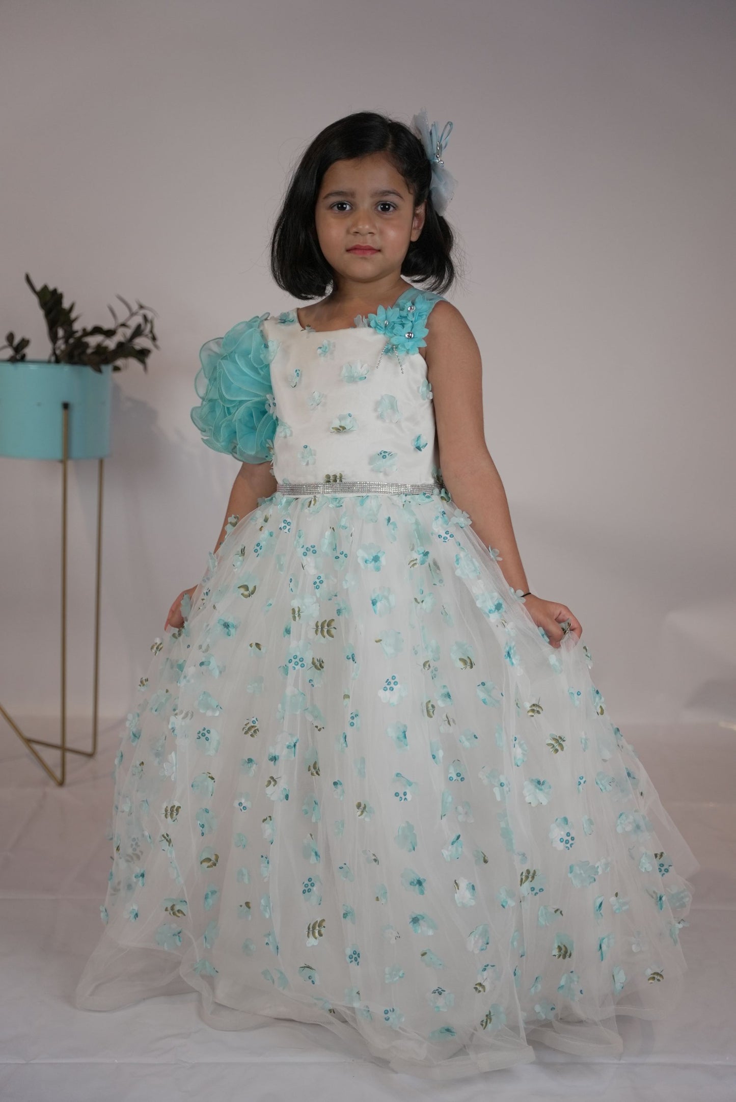 Blue and white floral partywear gown KW050