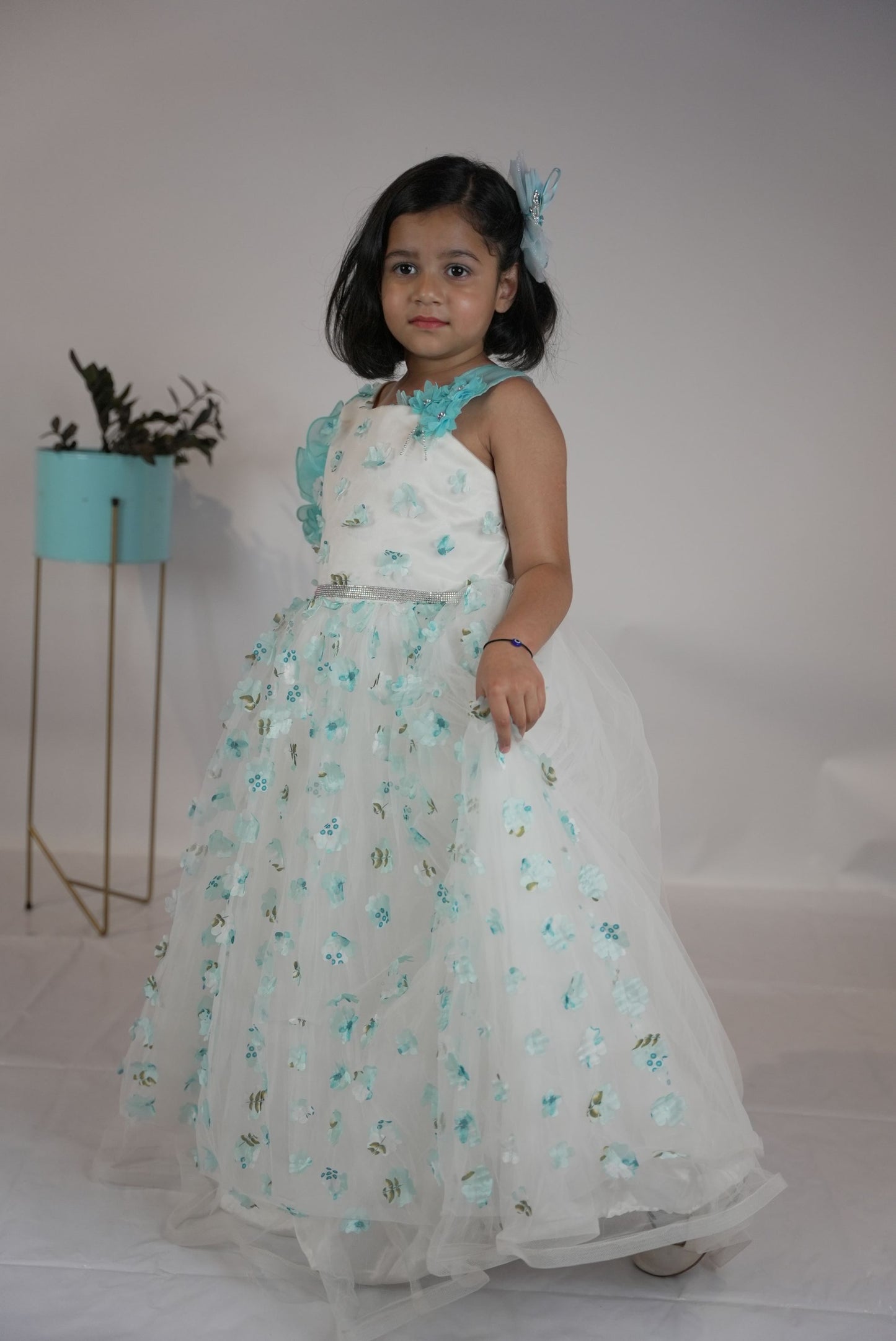 Blue and white floral partywear gown KW050