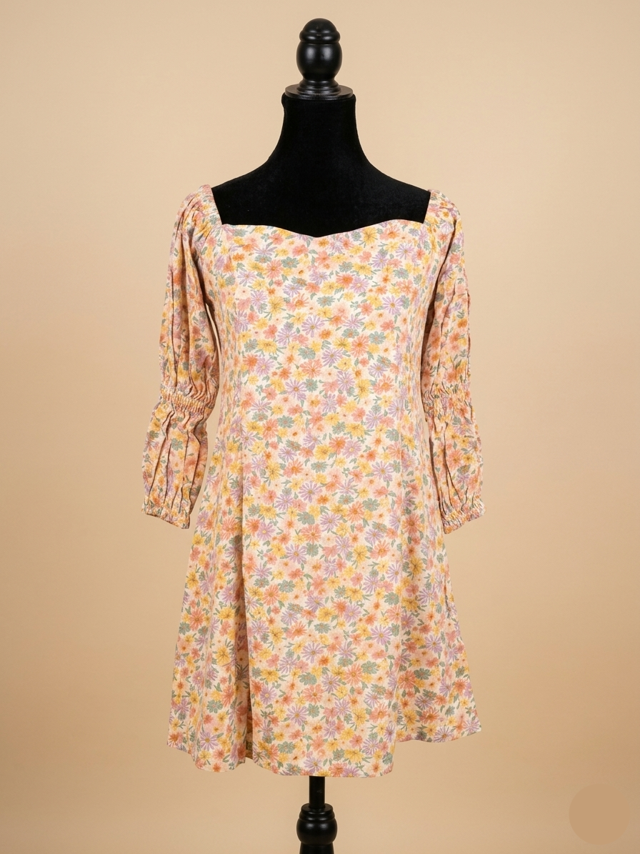 Yellow floral printed short dress