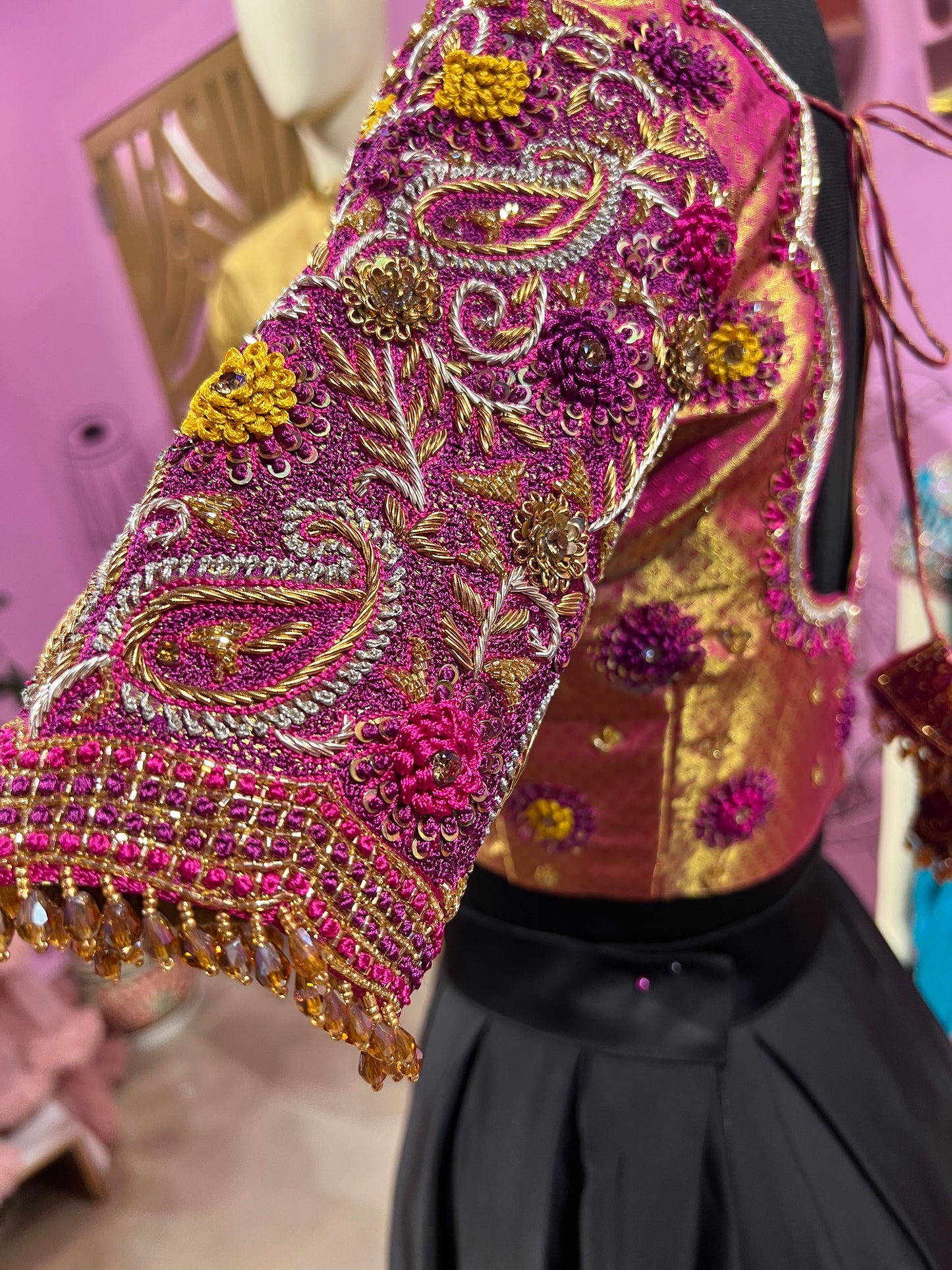 Pink golden Aari work blouse