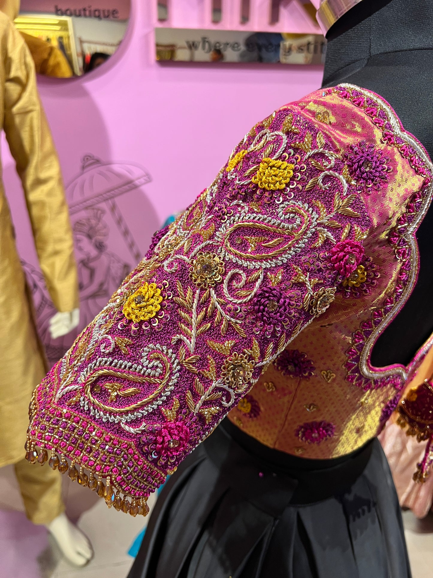 Pink golden Aari work blouse