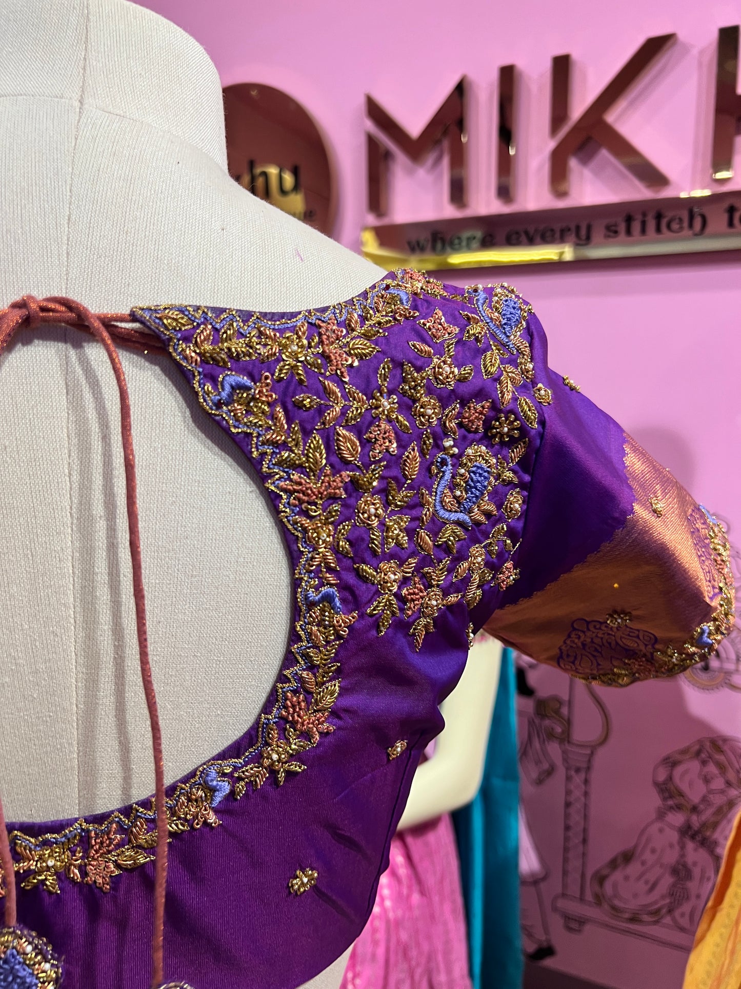 Purple Aari work round cut blouse