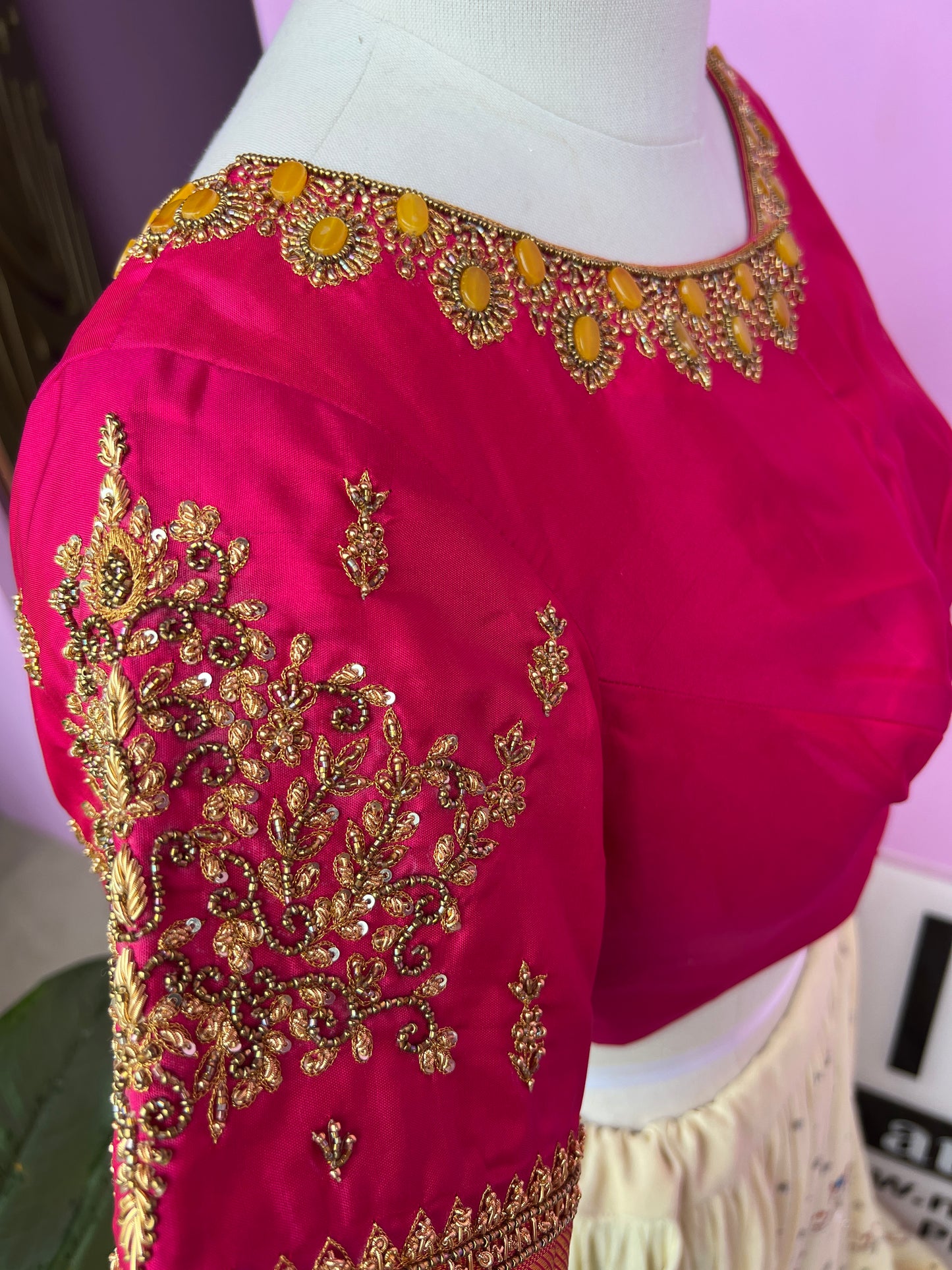 Reddish pink Aari work blouse