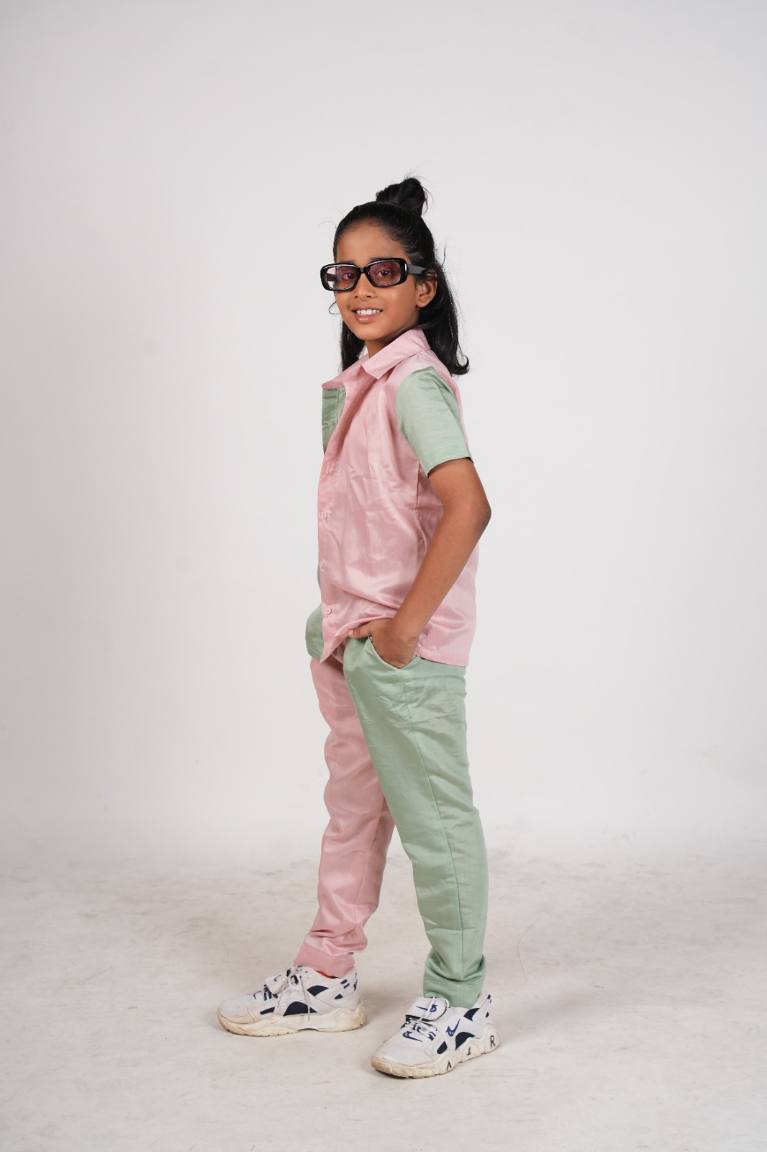 Pastel pink and green trendy shirt-pant set