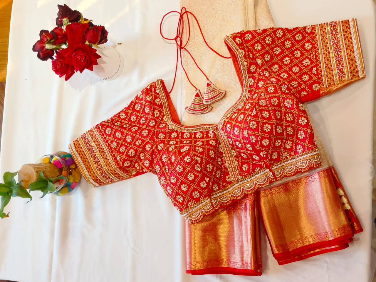 Red and white handwork blouse