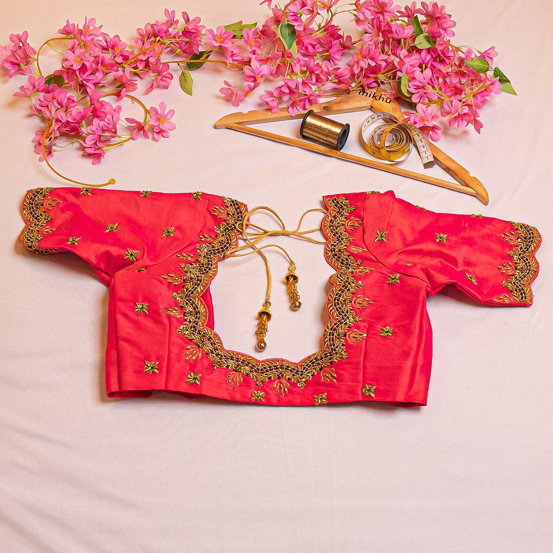 Pink scallop design handwork blouse