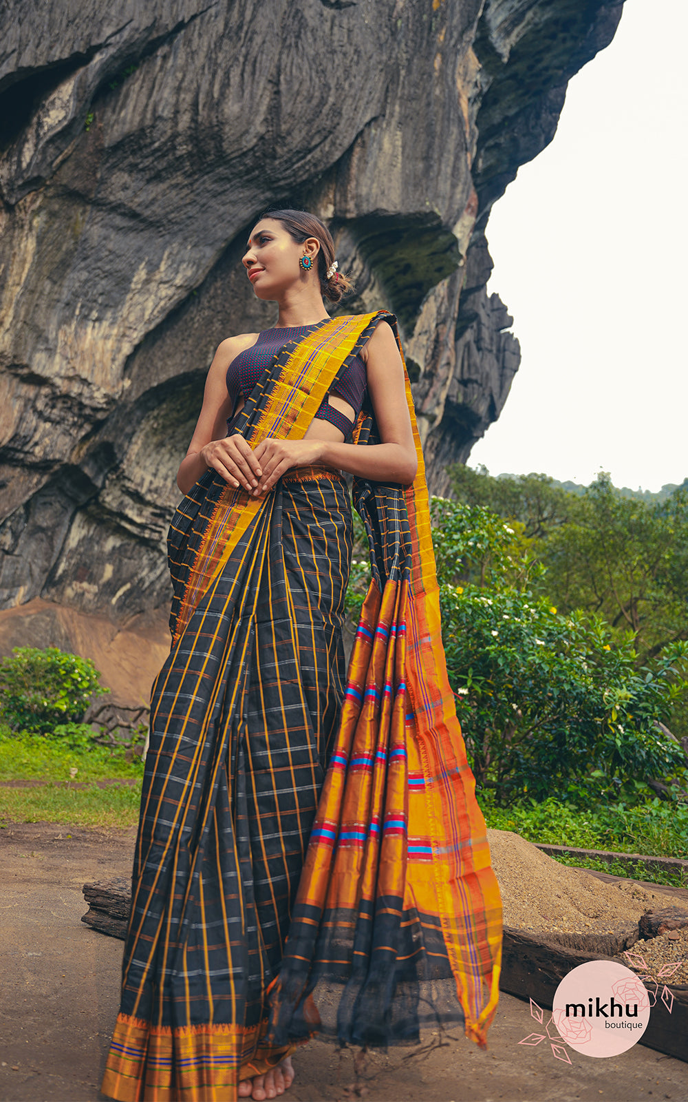 elegant black with orange border ilkal saree
