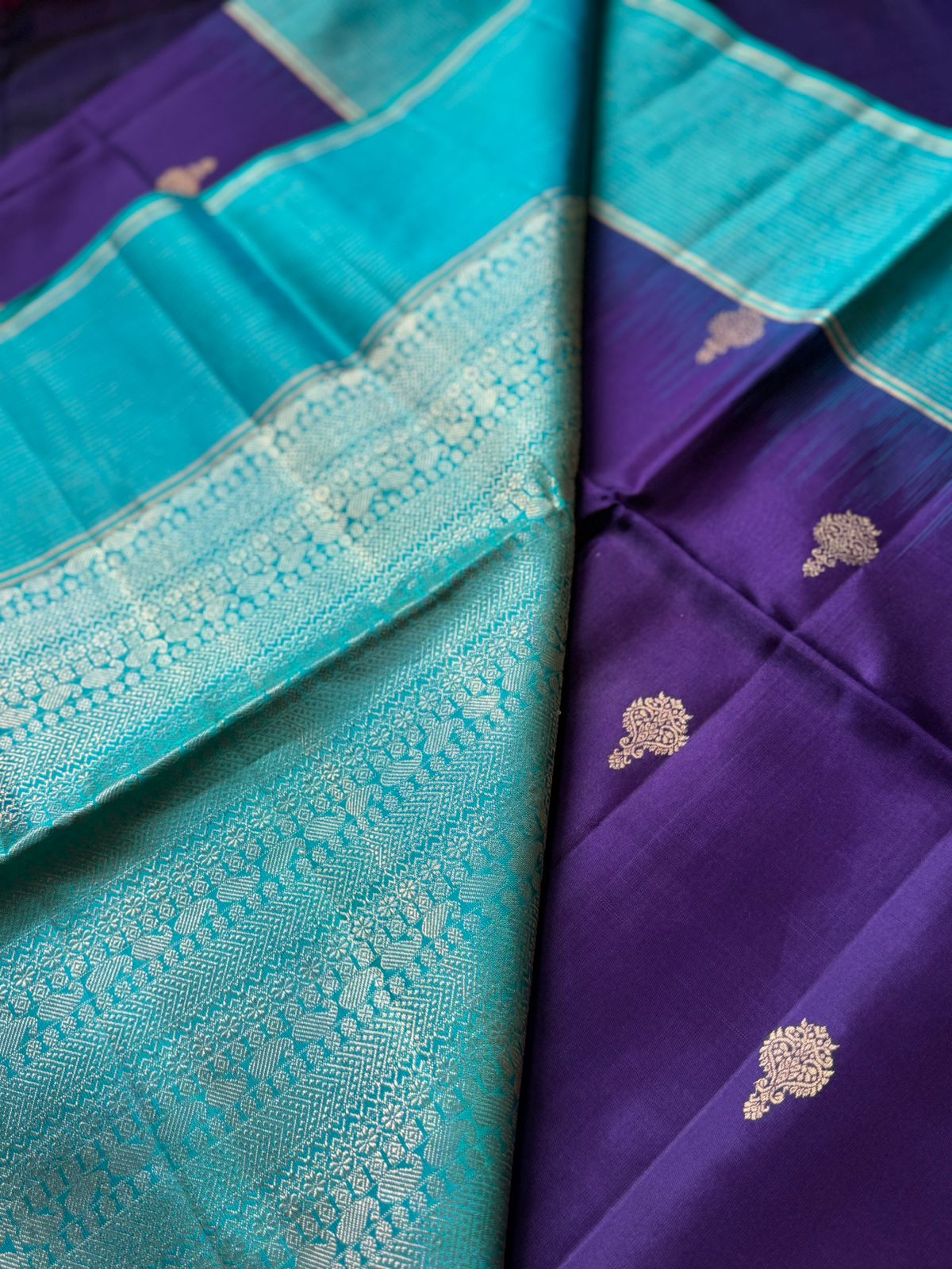 Purple & Aqua blue Pure Kanchi Silk Saree KS001