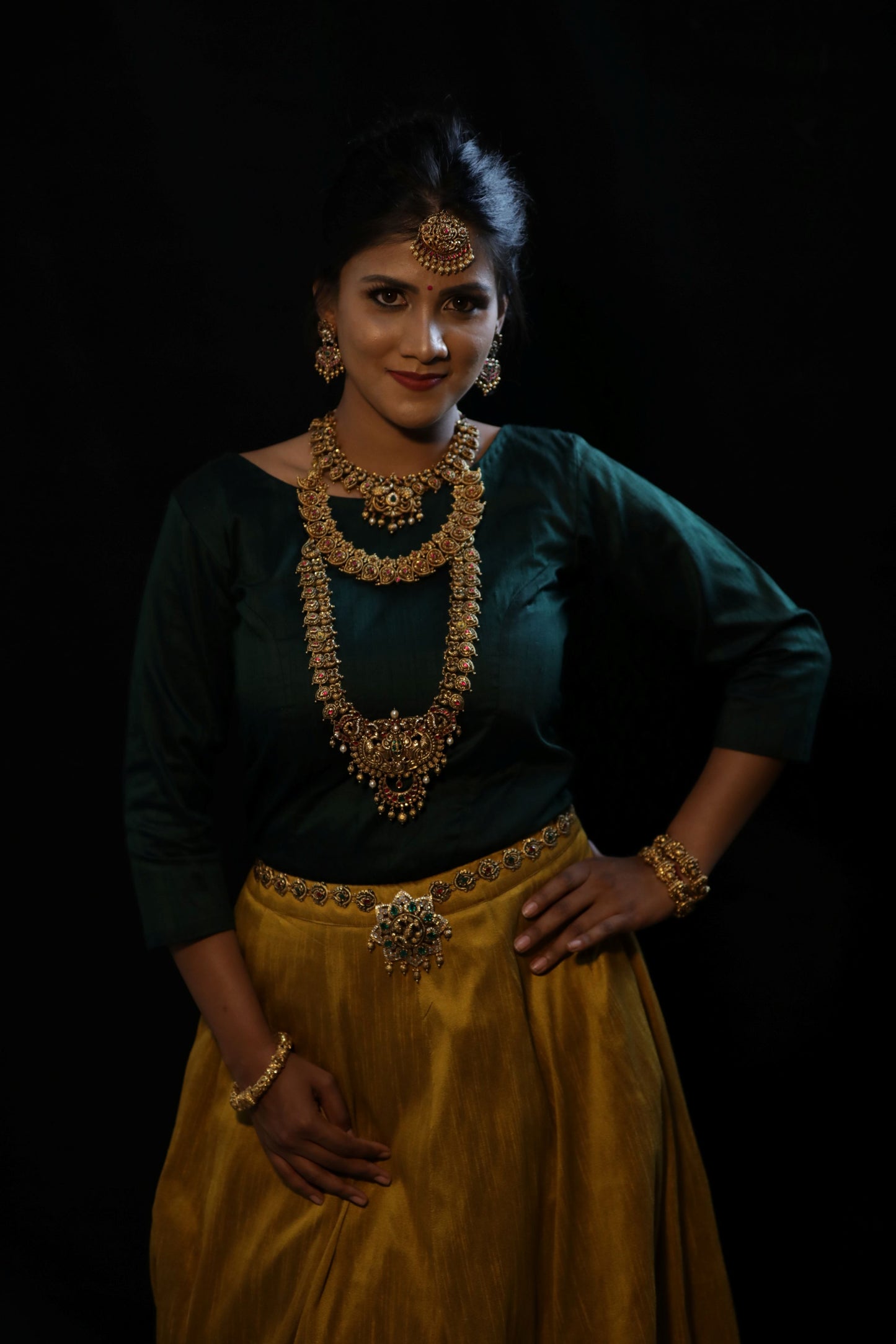 Dark green full sleeves blouse and beige color lehenga LH006