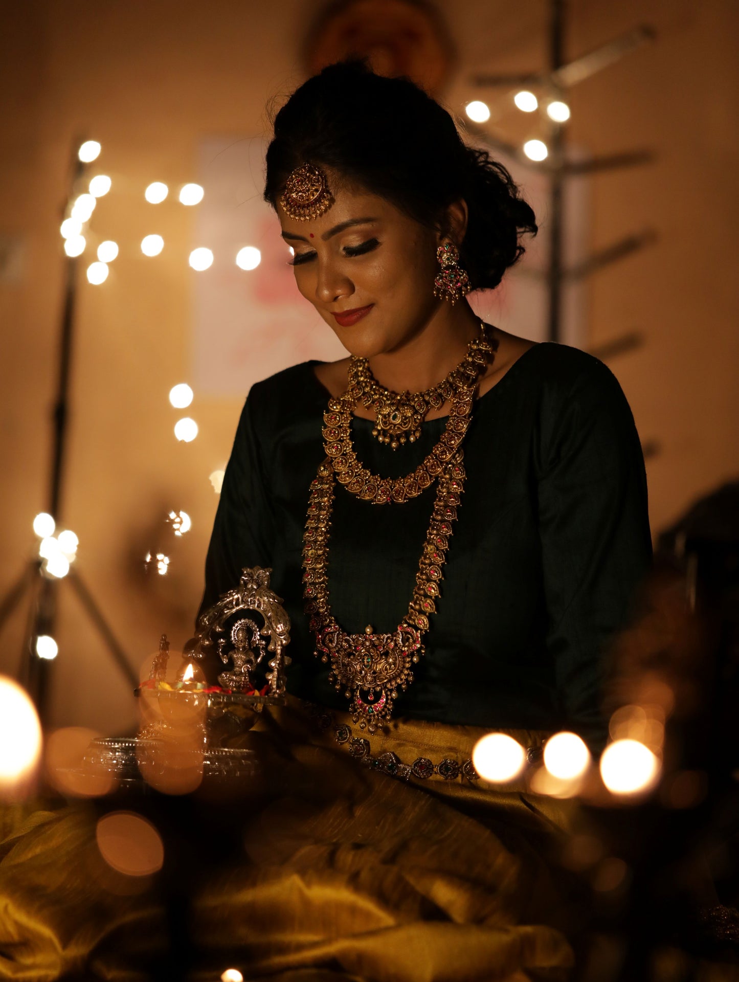 Dark green full sleeves blouse and beige color lehenga LH006