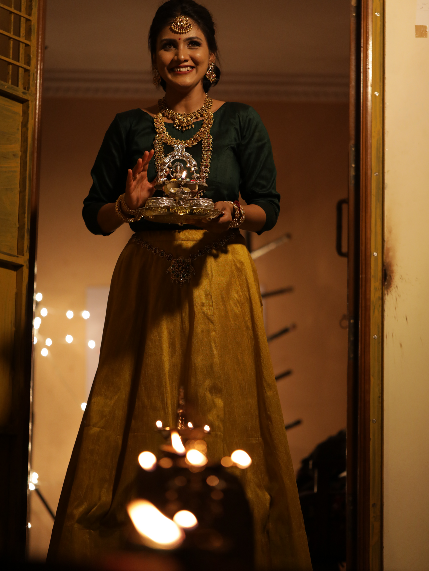 Dark green full sleeves blouse and beige color lehenga LH006