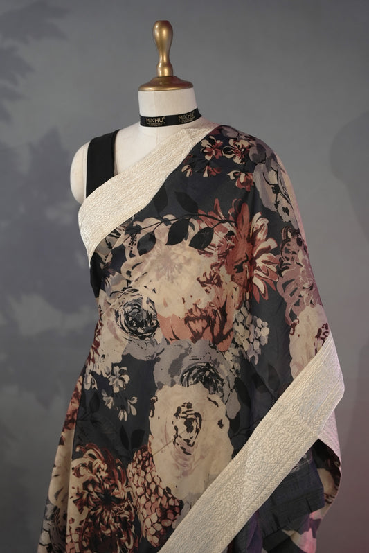 Black floral printed cotton saree DS005