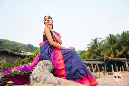 Blue ilkal saree with temple border