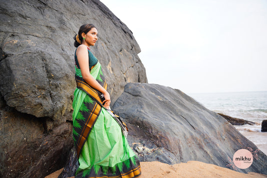 Pista green ilkal saree with temple border