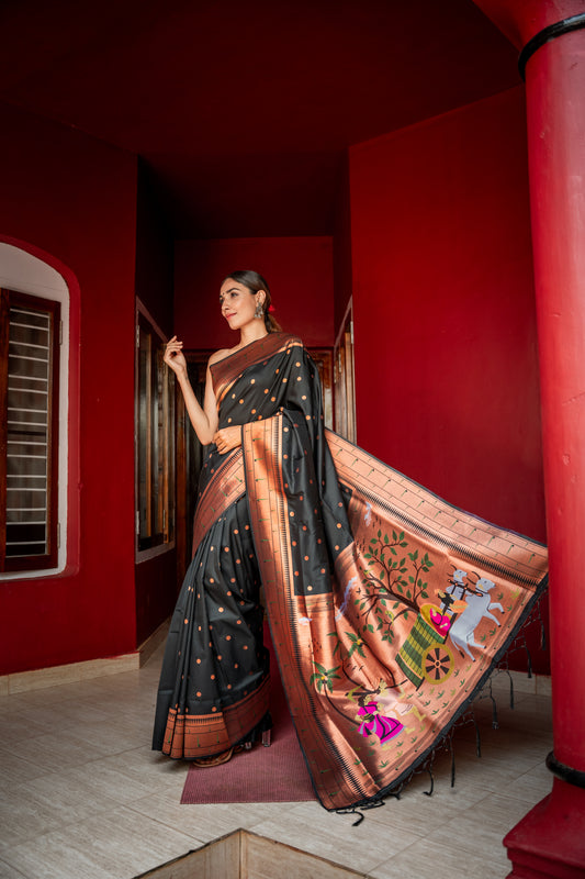 Rich black silk saree with madhubani painting