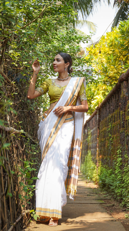 White ilkal saree with golden border