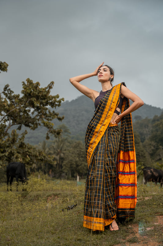 Black checks ilkal saree with yellow border