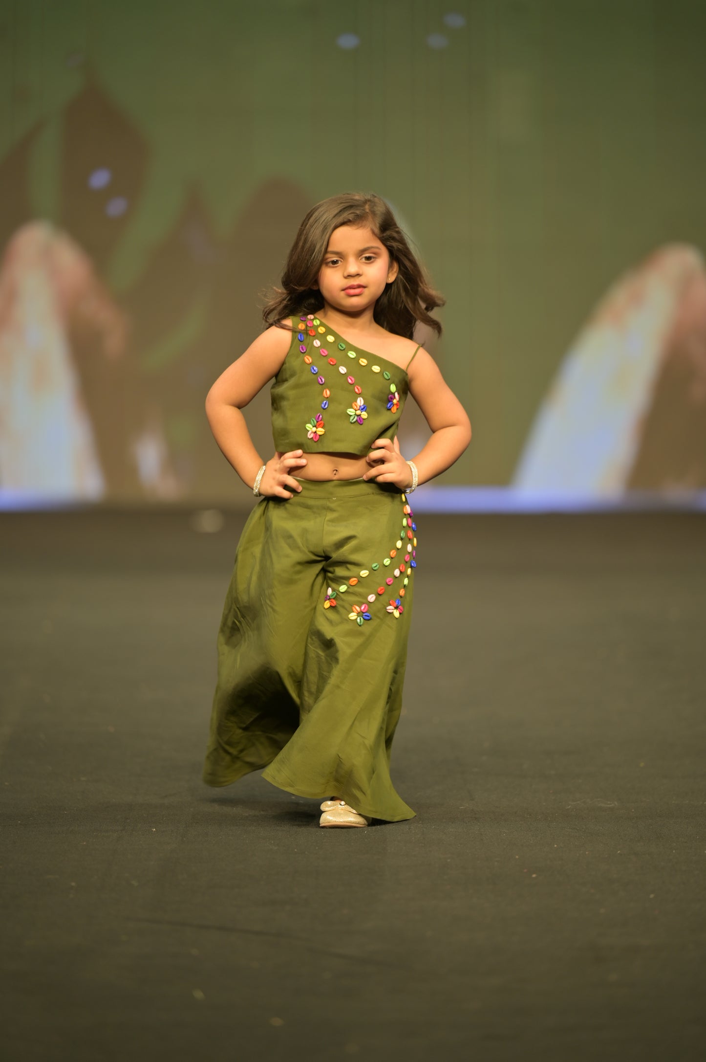 Dark green shellwork flared palazzo-top set