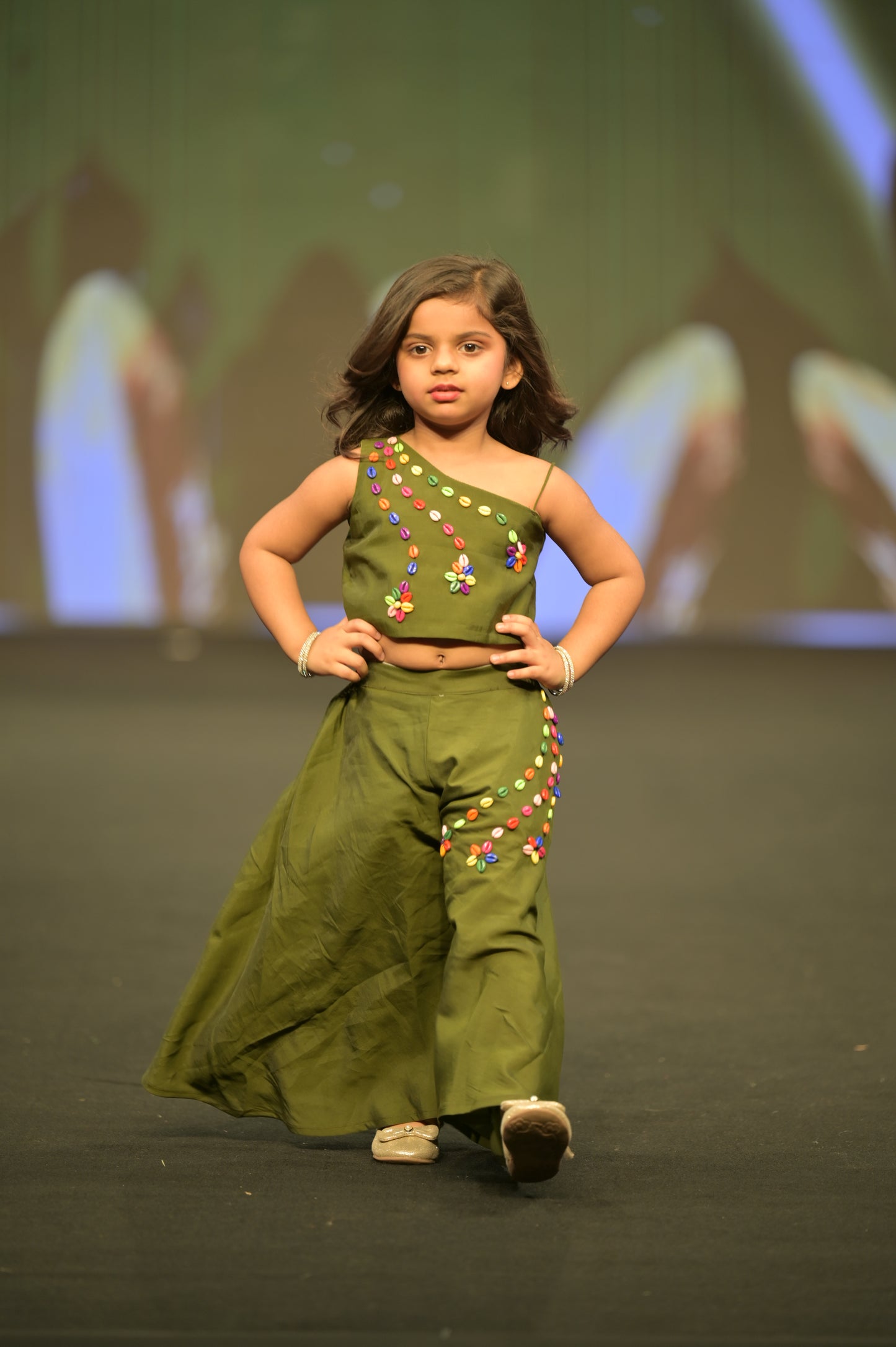 Dark green shellwork flared palazzo-top set