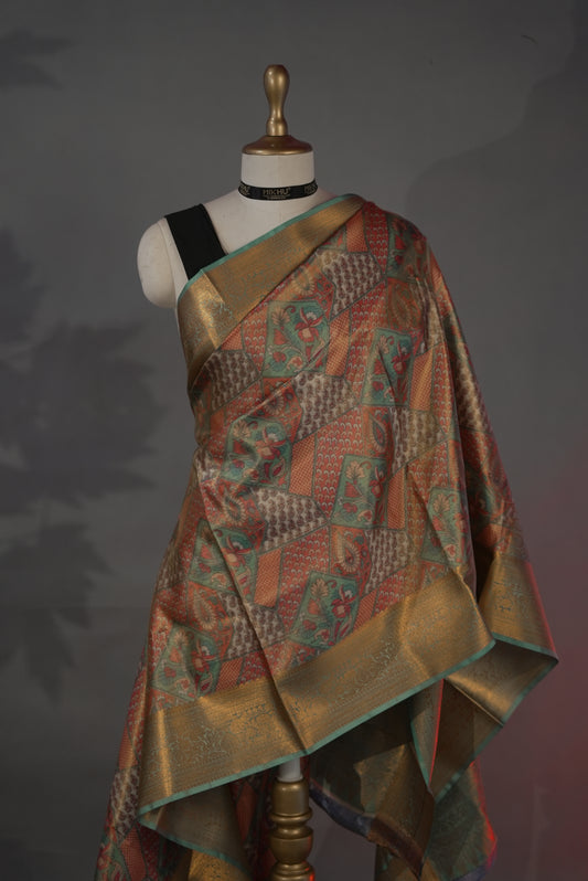 Pastel Green & Orange Tissue saree TS001