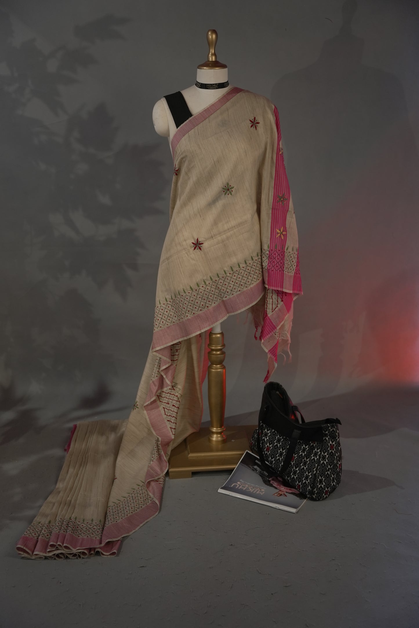 Beige & Pink Chanderi cotton saree CC003