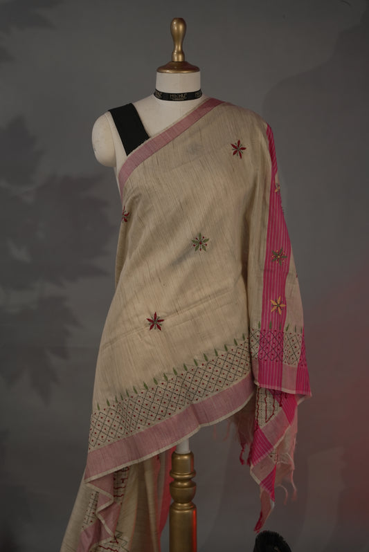 Beige & Pink Chanderi cotton saree CC003