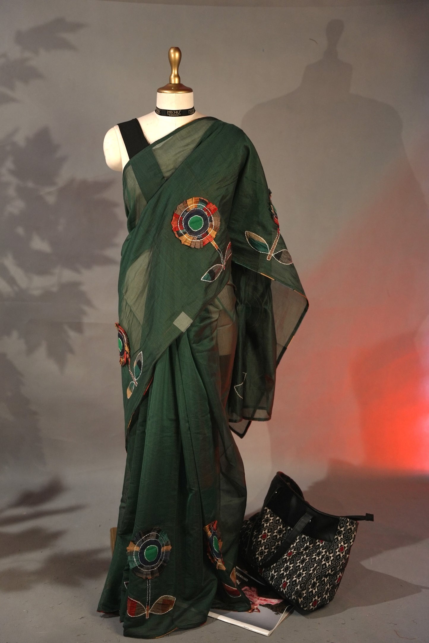 Bottle green applique work saree DS012