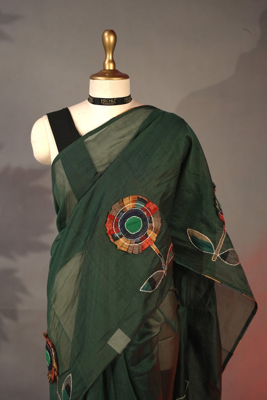 Bottle green applique work saree DS012